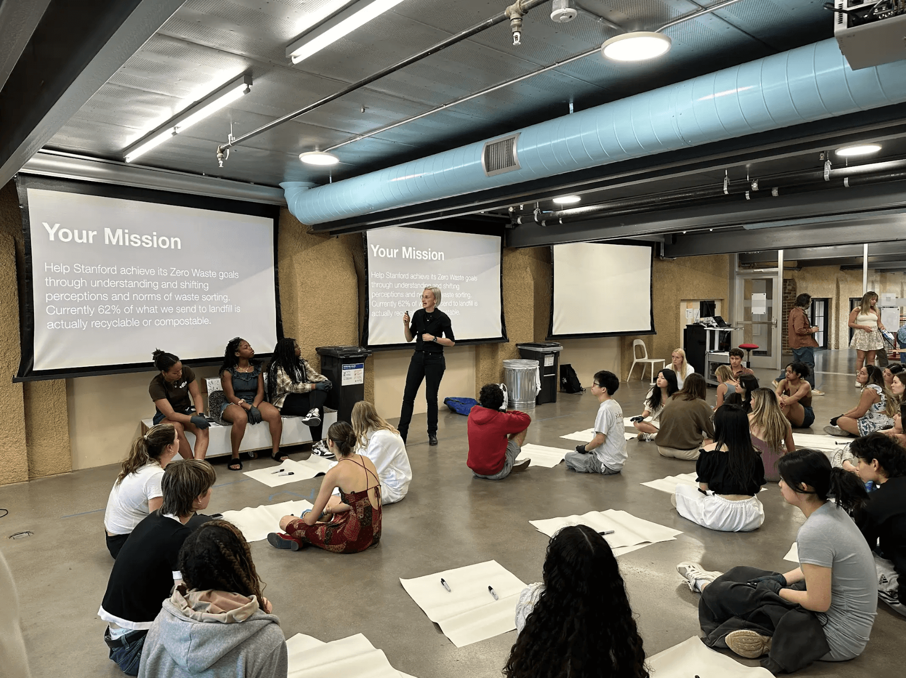 Students grouped in pairs sitting on floor with large piece of paper and sharpie per pair watching presentation