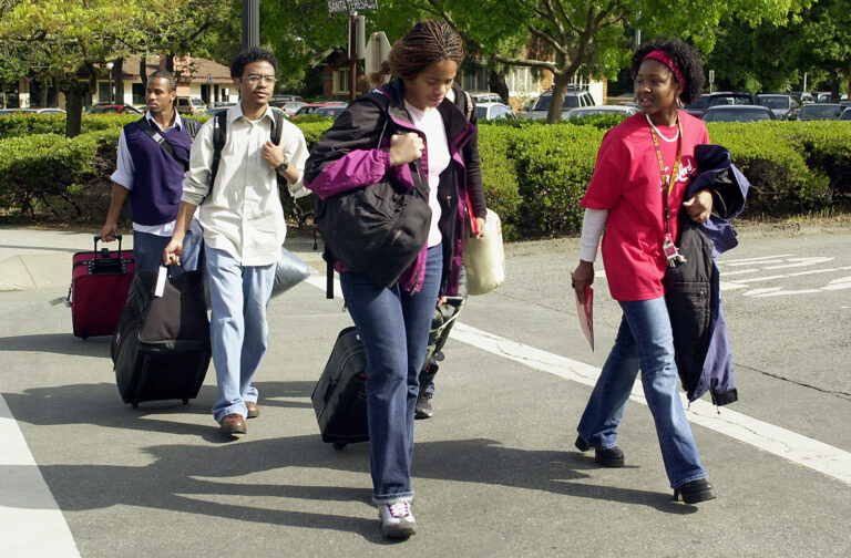 Group of students crossing the road with luggage