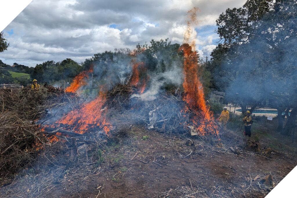 Fire coming out of brush debris with 3 people overlooking