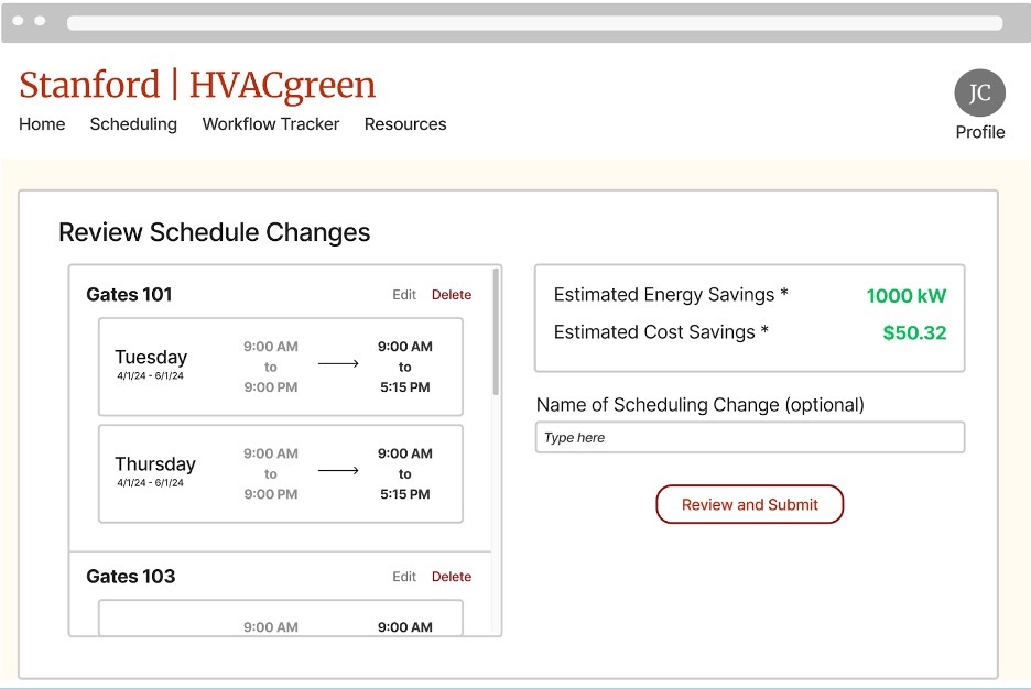 Screenshot of HVAC Green scheduling function depicting estimated energy and cost savings due to schedule changes