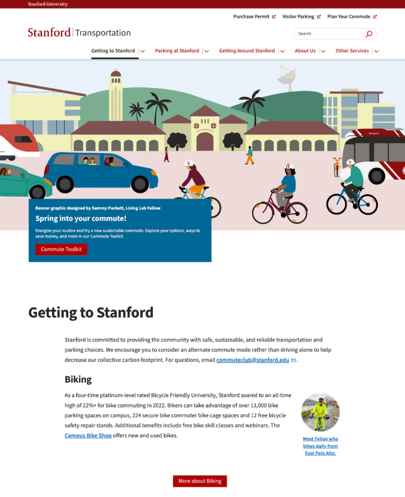 Screenshot of Stanford Transportation website showing sustainable ways to get to campus
