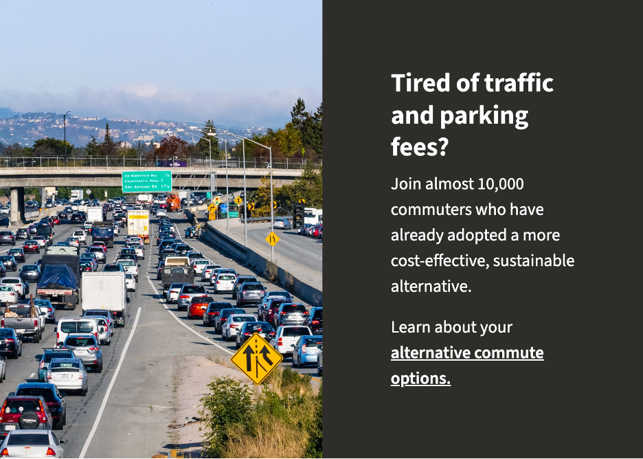 Traffic on a highway advertising alternative commute options to avoid traffic and parking fees