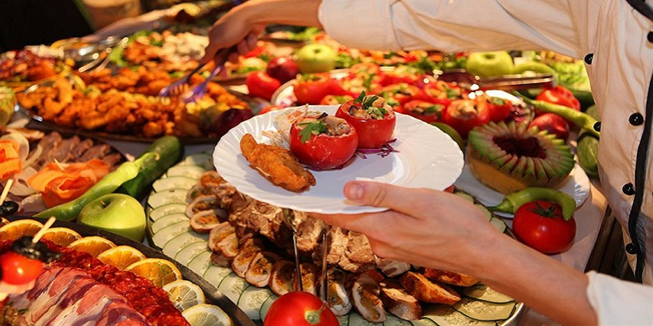 Buffet of artistically laid out sustainable food options