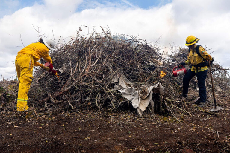 Two people working on large burn pile.