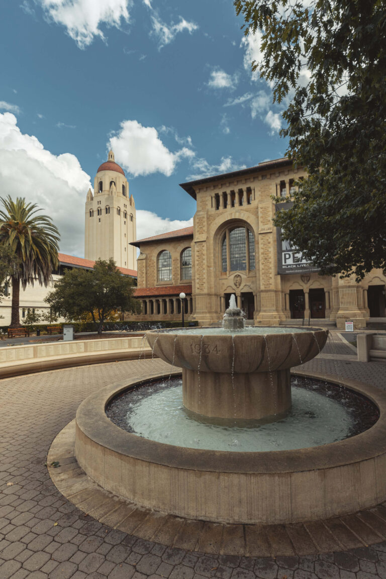 Outside view of library with fountain