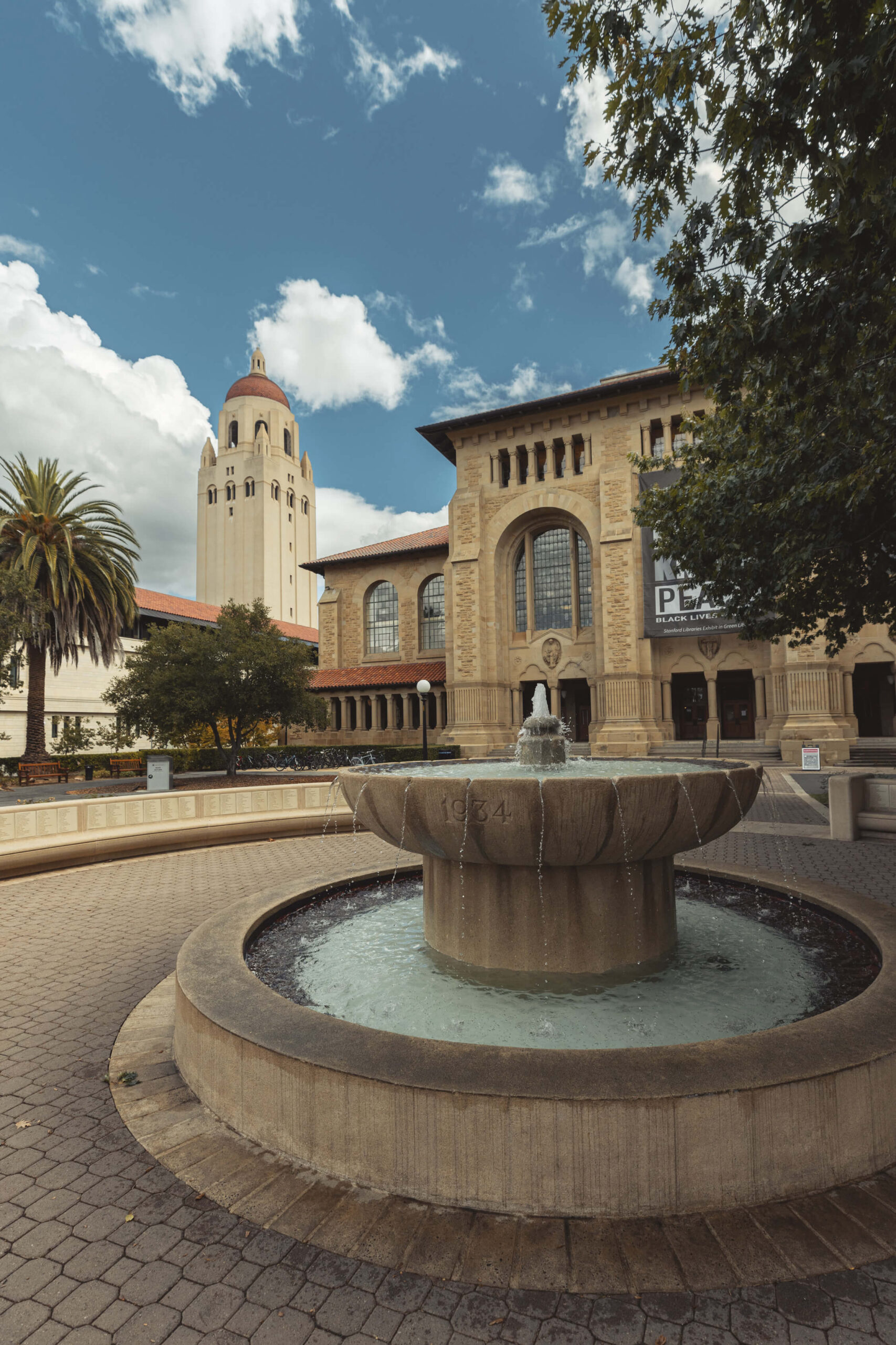 Outside view of library with fountain