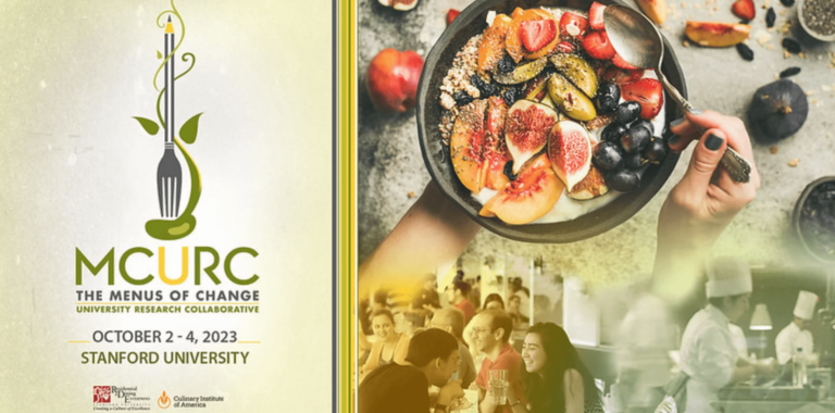 Graphic promoting annual Menu of Change, collage of three photos, chef, people eating, and bowl of fruit
