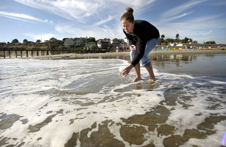 Young woman retrieving water from ocean in container