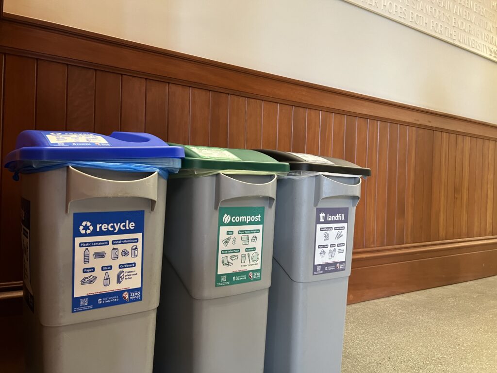 3 waste bins for recycling, compost, and landfill