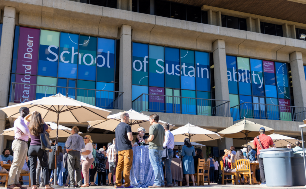 People gathered outside the Doerr School of Sustainability building