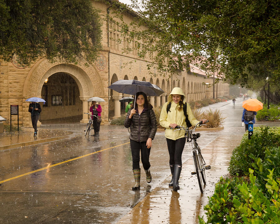 Students walking on campus while it's raining