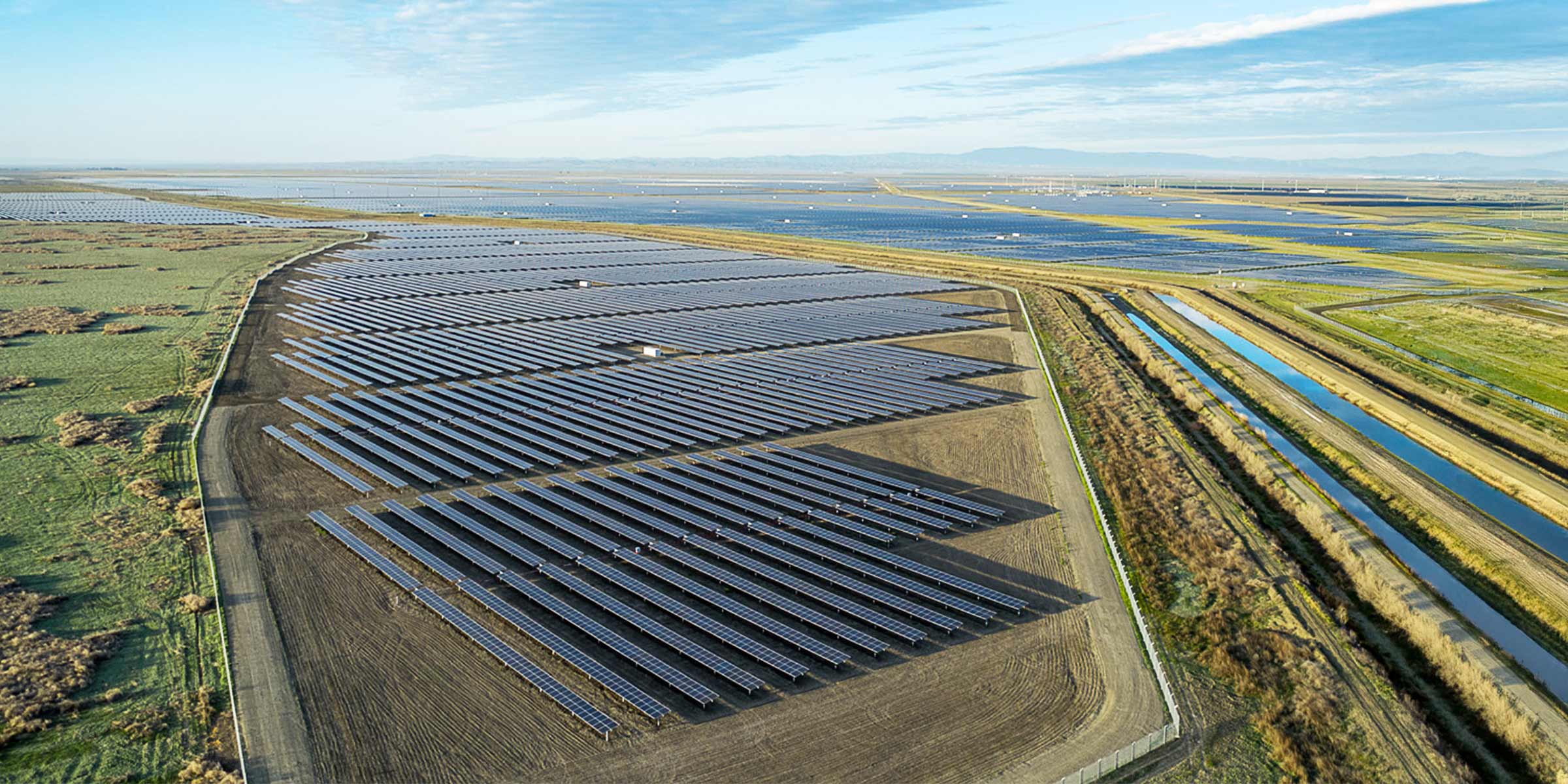 Aerial shot of large solar array.
