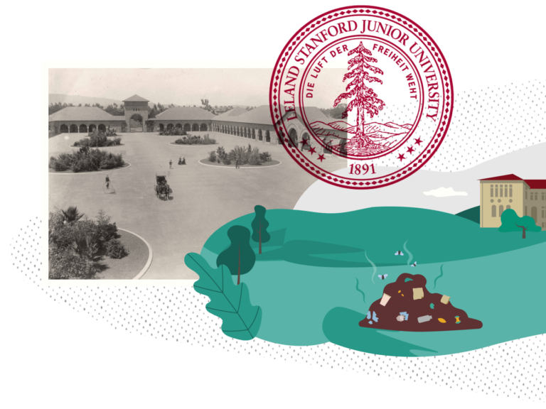 Collage including old picture of Stanford University and an illustration of a trash pile.