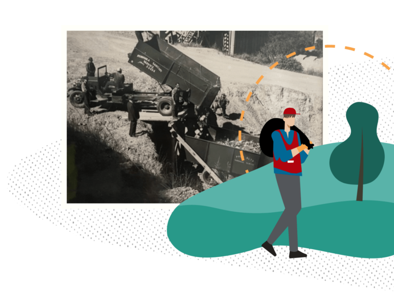 Collage of an old photo of a trash collector at Stanford and an illustration of a man with a bag of trash.