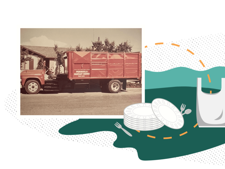Collage of an old photo of a trash collector at Stanford and an illustration of single use plastics.