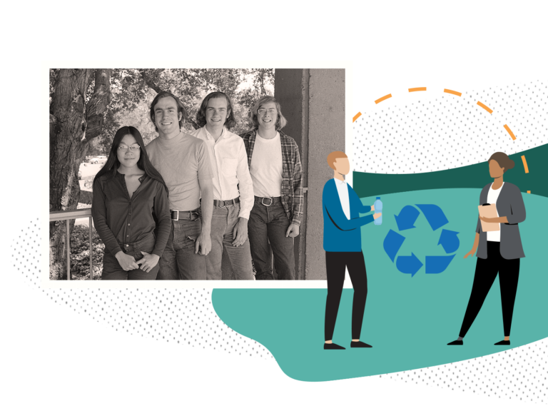 Collage of an old photo of Stanford students circa 1976, and an illustration of students recycling.