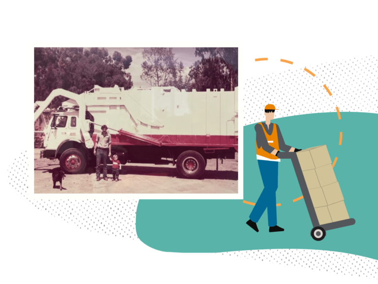 Collage of an old photo of a trash collector at Stanford and an illustration of a man wheeling away boxes on a hand truck.