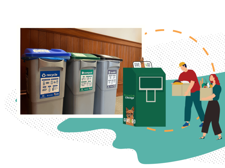 Collage of photo and an illustration of waste and recycling bins on campus an an illustration of two individuals dropping off used items at a "Give & Go" collection box.