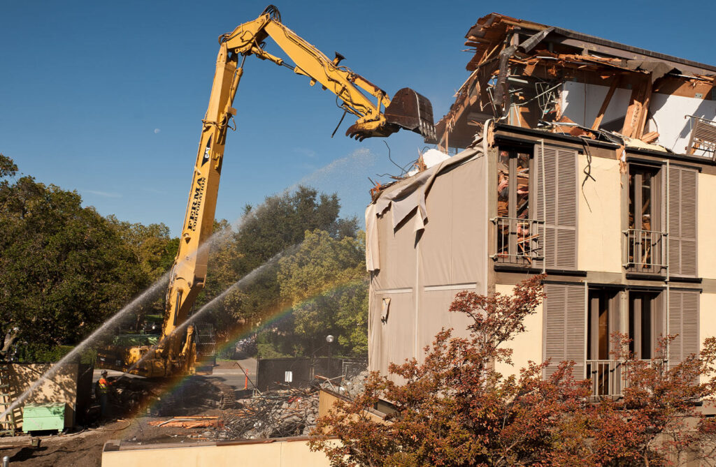 Terman Engineering building is demolished for a new green space on campus.