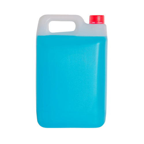 Clear bottle of antifreeze with blue liquid and a red screw top lid