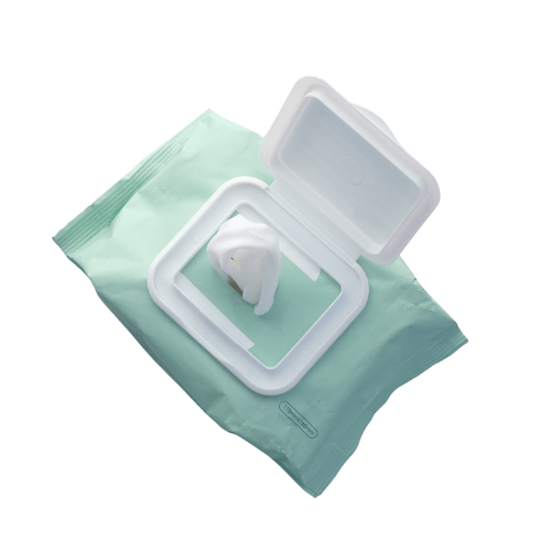 Green package of baby wipes with white lid