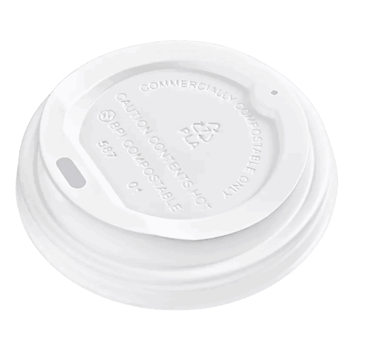 White coffee cup labeled with the word "compostable"