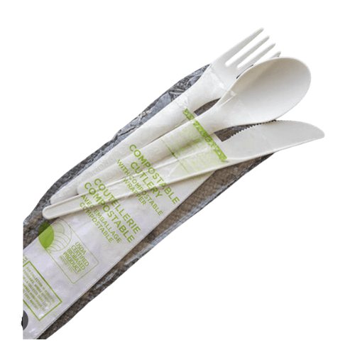 Plastic form, spoon, and knife in a package with the word compostable