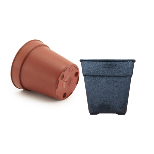 Brown plastic flower pot and black plastic flower pot