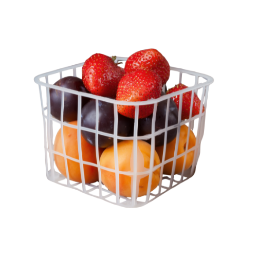 White basket with strawberries, plums, and apricots