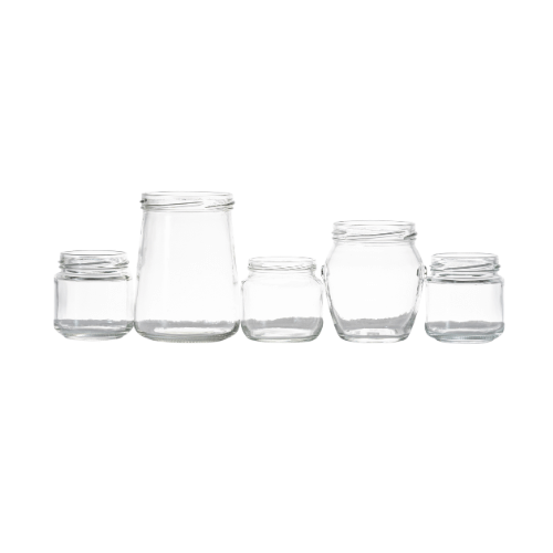 Five clear glass jars