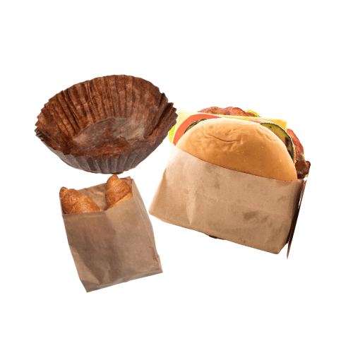 muffin wrapper, burger with wrapper, and two croissants in a wrapper