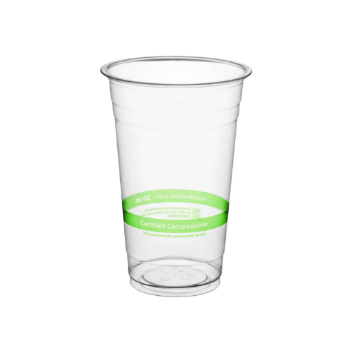 Clear plastic cup with green stripe and labeled compostable