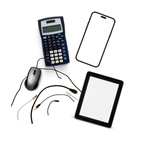 Calculator, cell phone, tablet, computer mouse, and computer cords