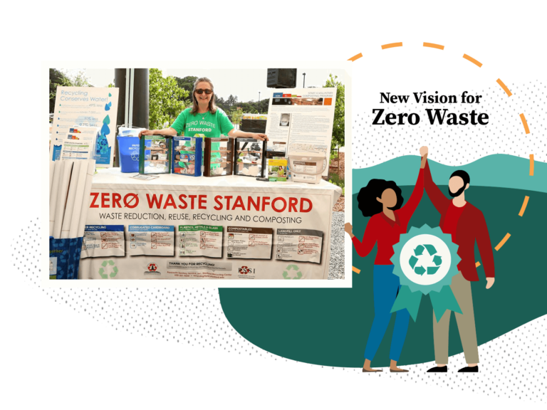 Collage of photo of a woman at a table displaying Stanford's "Zero Waste" materials and an illustration of two individuals celebrating an award.