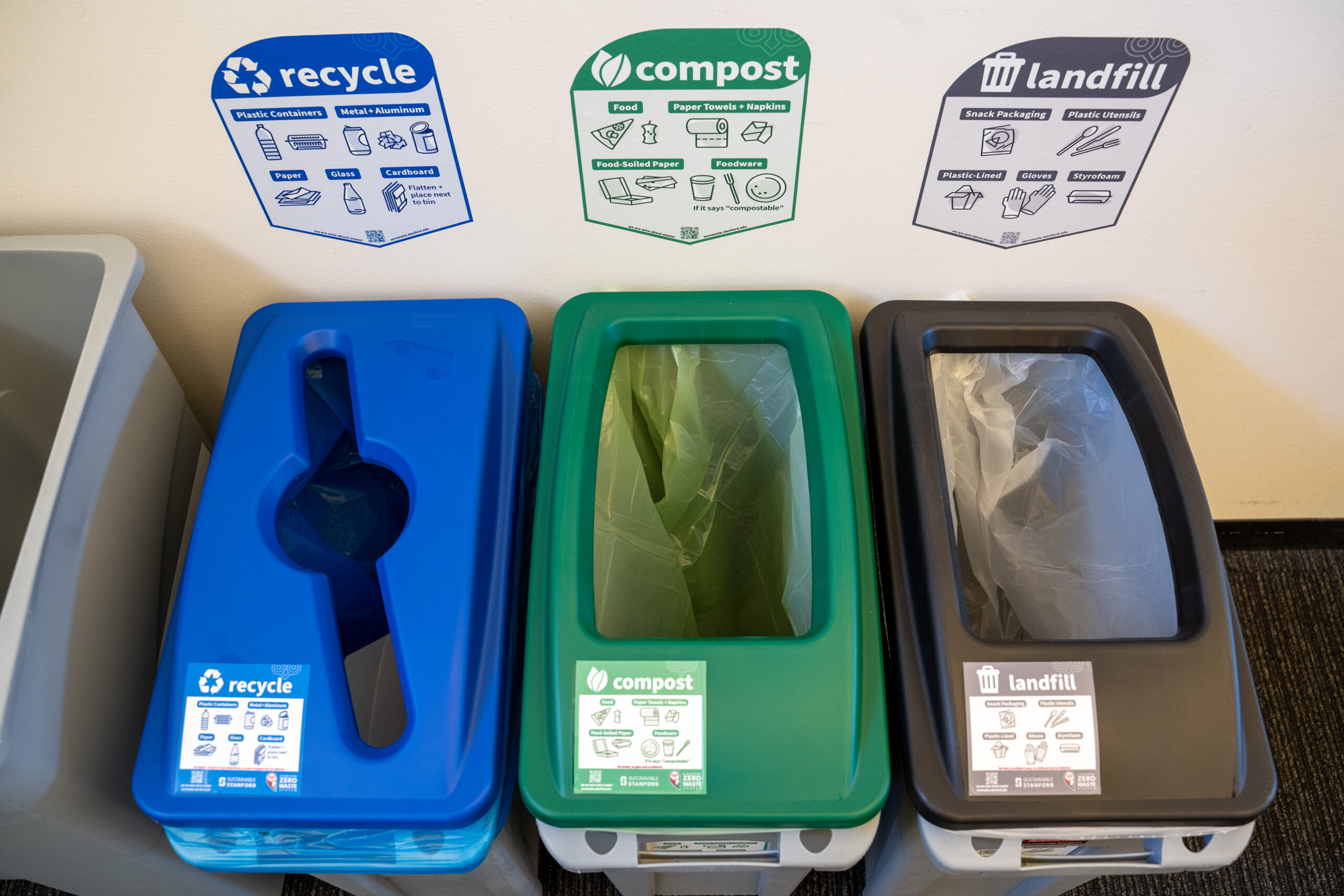 Top view of recycle, compost, and landfill bins.