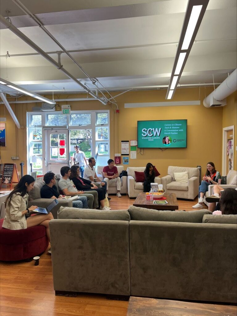 Students gathered at networking event during Stanford Climate Week 2025