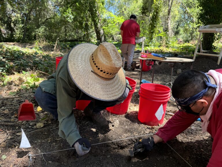 Heritage Services team members Edwin Magaña-Lopez, Leo Baek, and Marco Ramos Barajas investigating a deposit of 1920s trash collected from various dining facilities on campus