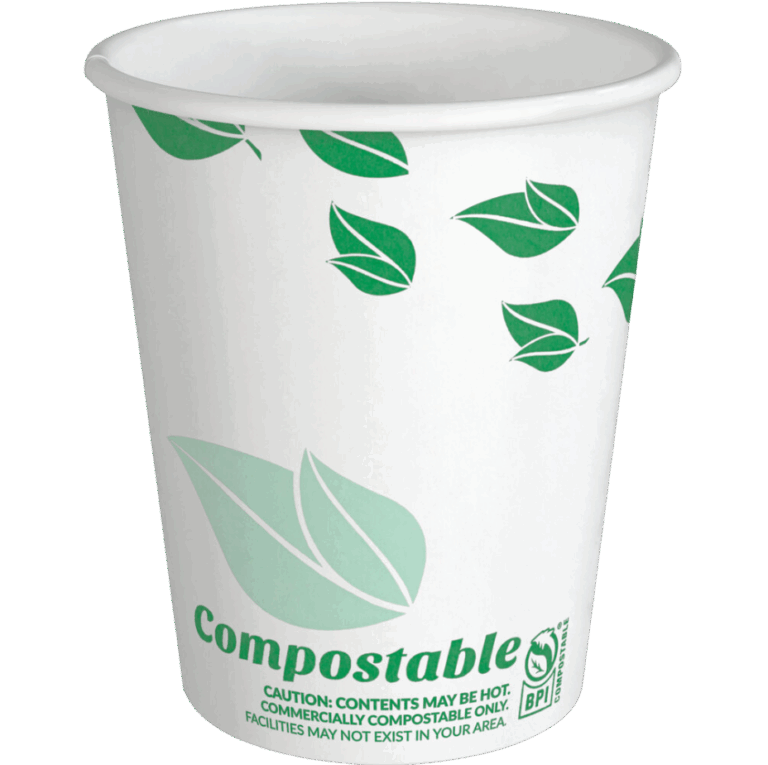 White paper cup labeled compostable