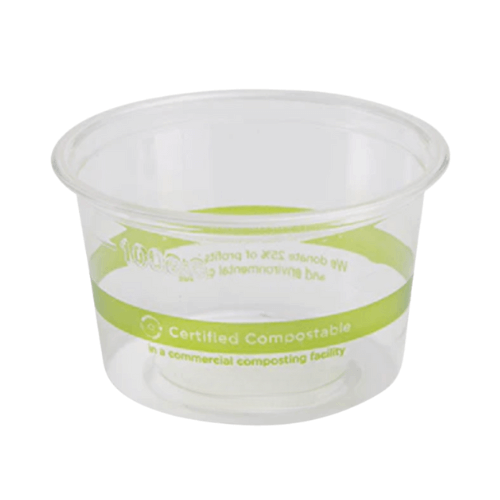 Clear compostable condiment cup with a green stripe that says certified compostable
