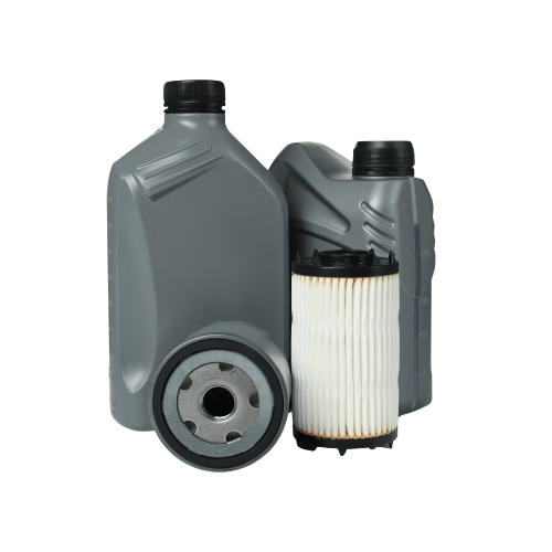 Two gray bottles of motor oil and two filters