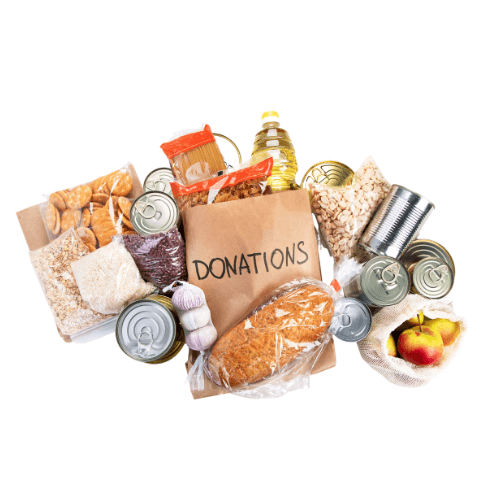 Cans and other pantry staples with a bag that says the word donations