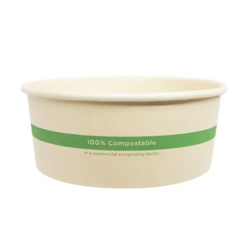 Cream colored paper bowl with green stripe that says 100% compostable