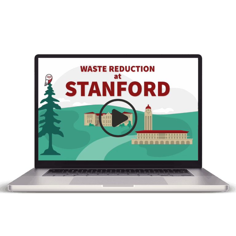 Icon of laptop with an image of the waste sorting training that reads" Waste Reduction at Stanford" with a play button.