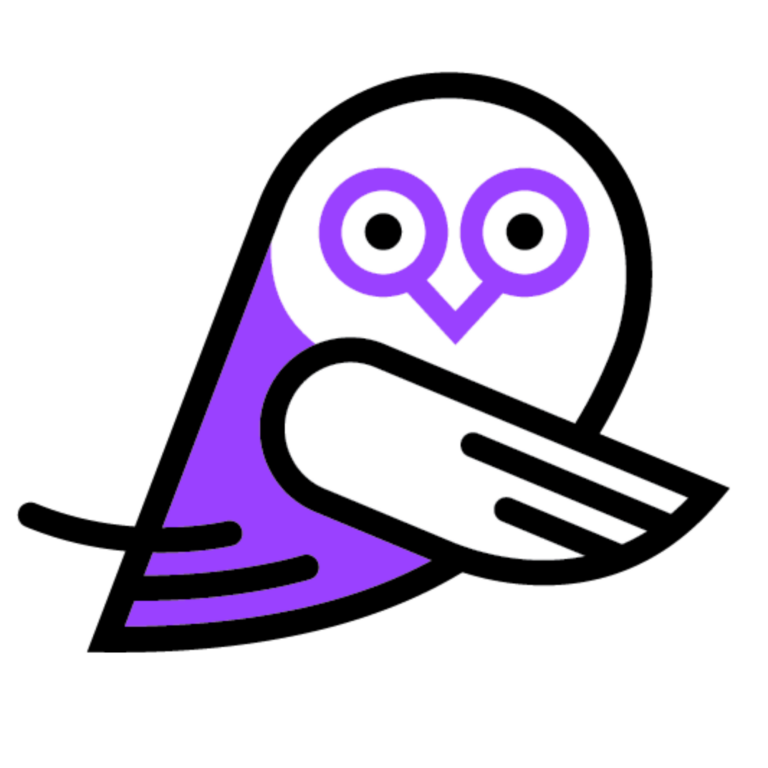 purple owl icon pointing to the right with his wing